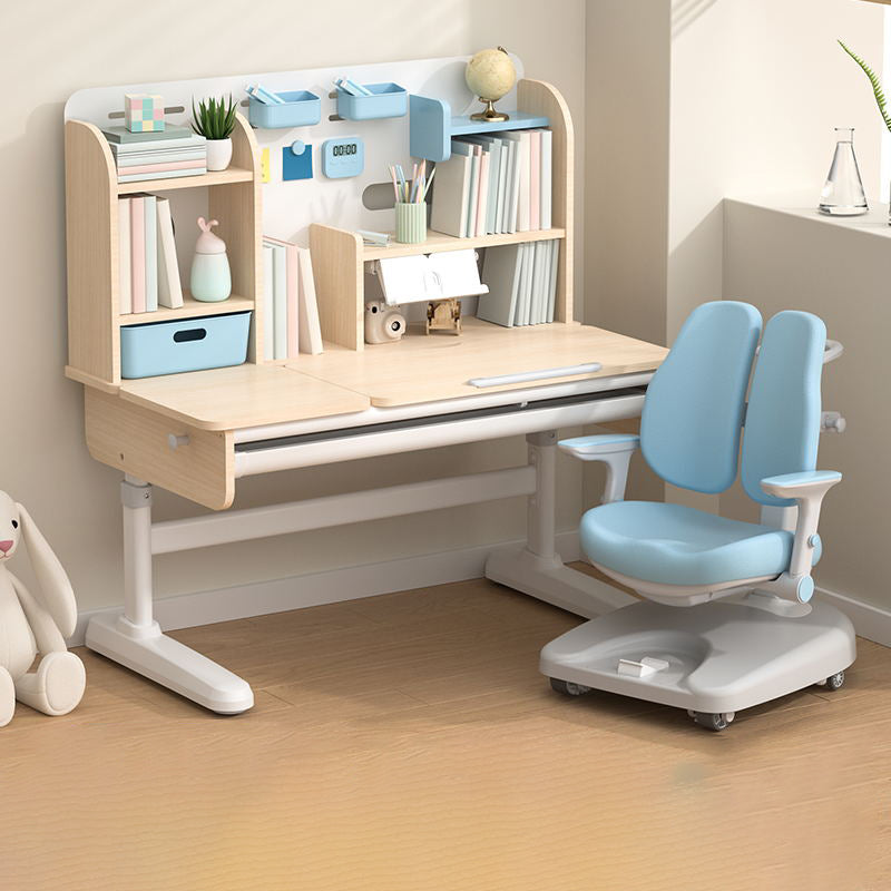 Adjustable Writing Desk Rubber Wood Table and Chair Set Kids Desk with Storage Shelves