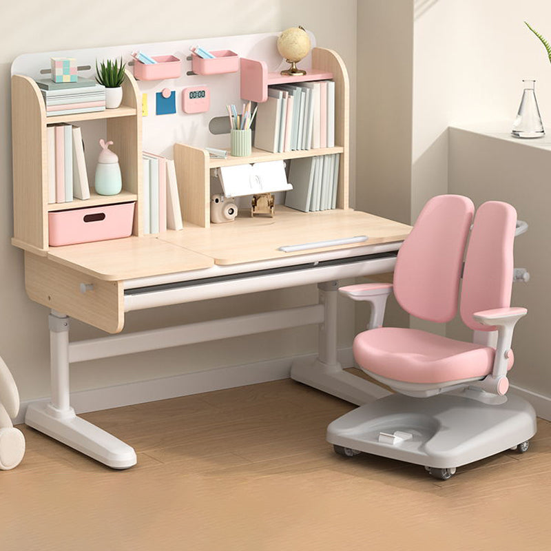 Adjustable Writing Desk Rubber Wood Table and Chair Set Kids Desk with Storage Shelves