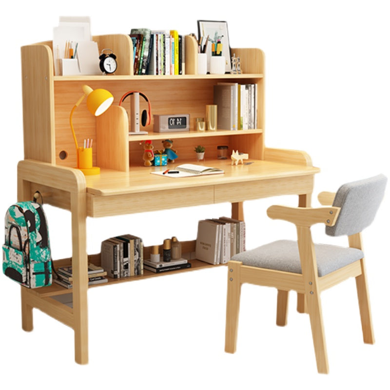 Solid Wood Writing Desk Table and Chairs Set Adjustable Kid's Desk with Storage Shelves