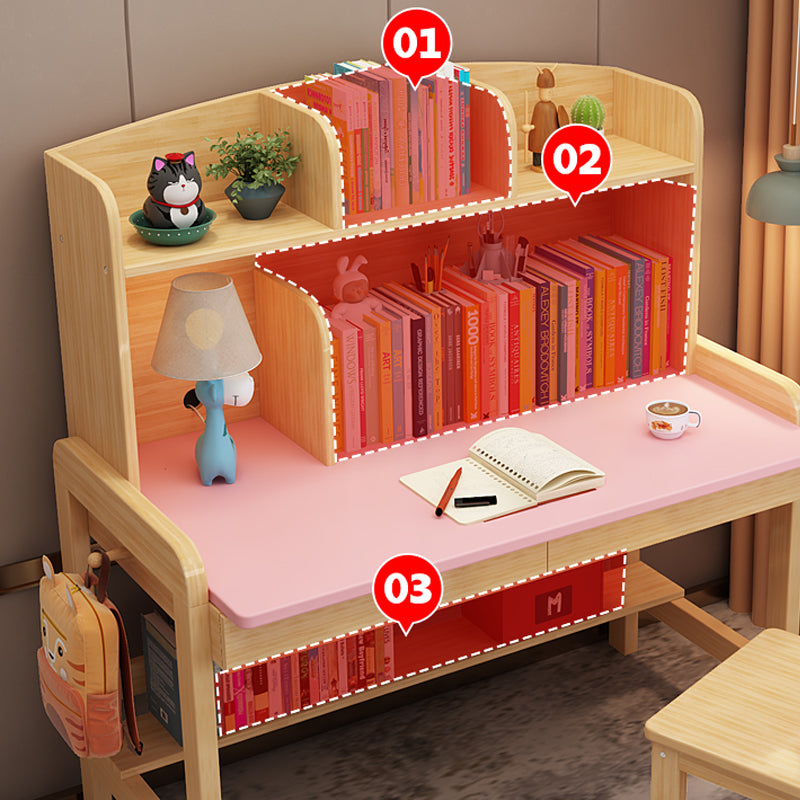 Solid Wood Writing Desk Table and Chairs Set Adjustable Kid's Desk with Storage Shelves