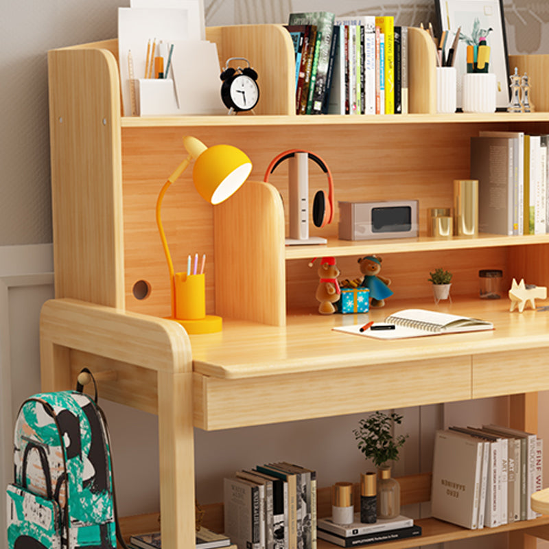 Solid Wood Writing Desk Table and Chairs Set Adjustable Kid's Desk with Storage Shelves