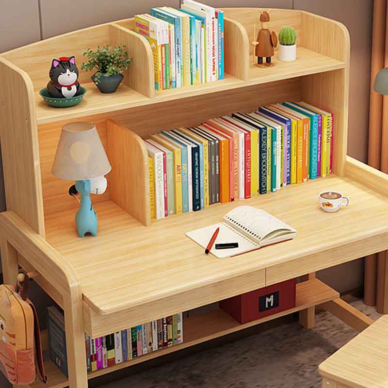 Solid Wood Writing Desk Table and Chairs Set Adjustable Kid's Desk with Storage Shelves