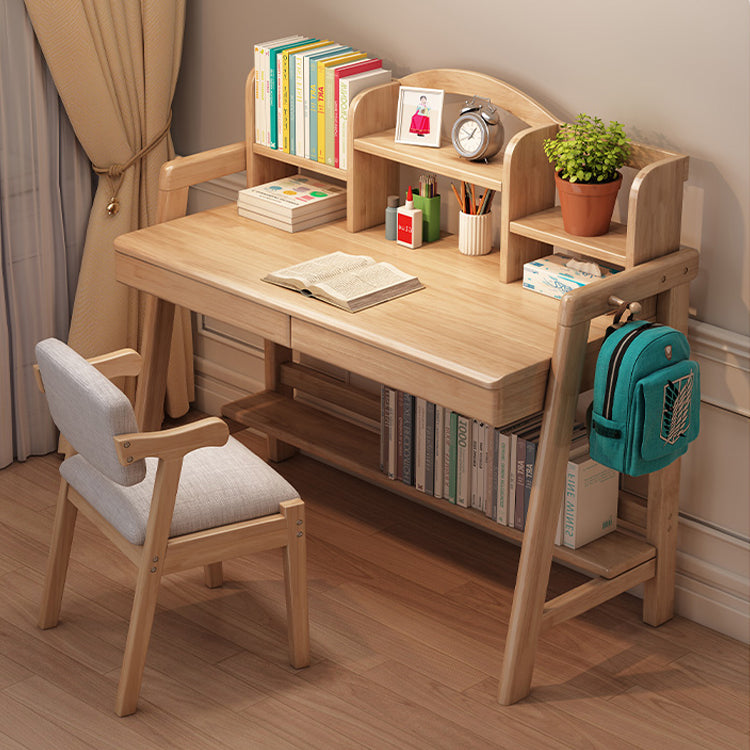 Rubberwood Writing Desk with Hutch Adjustable Kids Desk and Chair Set