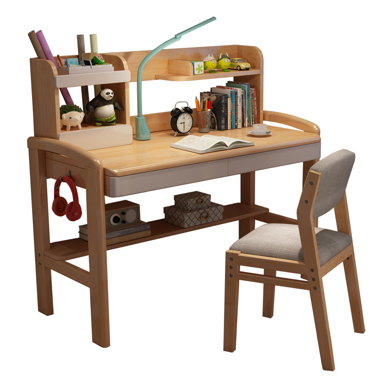 Adjustable Writing Desk Wood Kids Desk and Chair with Storage Shelves