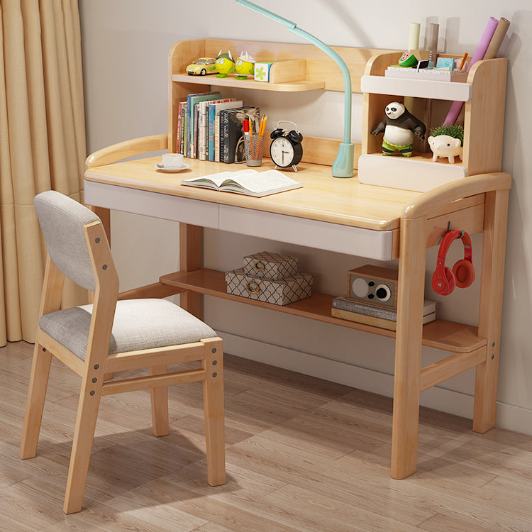 Adjustable Writing Desk Wood Kids Desk and Chair with Storage Shelves