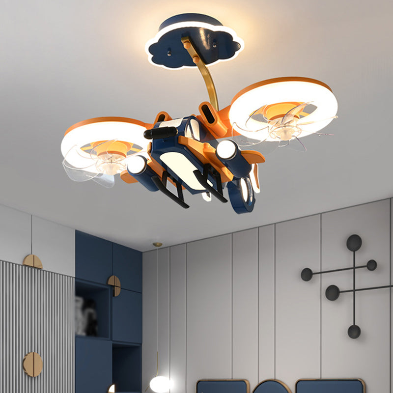 Kids LED Ceiling Fan Lamp Airplane Metal Fan Lighting in Blue and Orange for Bedroom