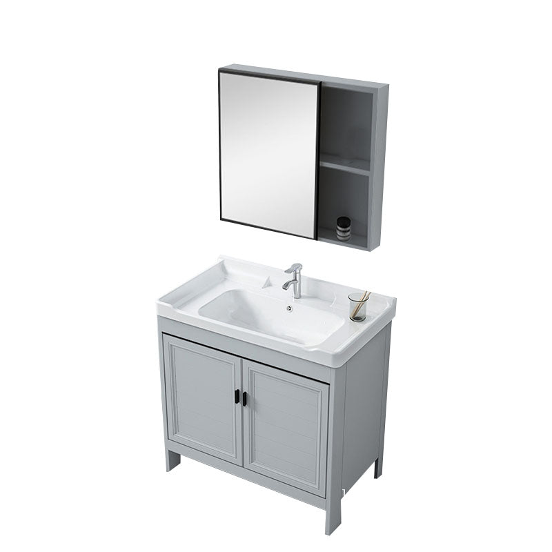 Vanity Glam Mirror Single Sink Metal Frame Freestanding Grey Faucet Vanity with Doors