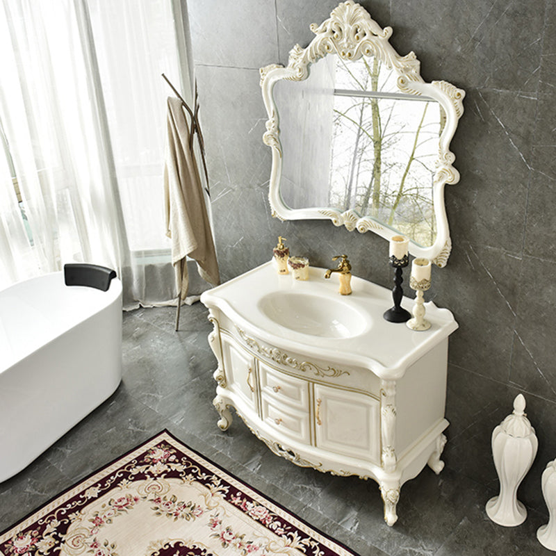 White Stone Bath Vanity 2 Drawers Rectangular Freestanding Single Sink Vanity with Mirror