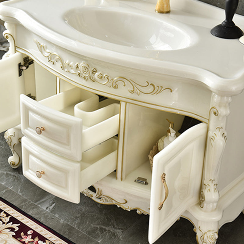 White Stone Bath Vanity 2 Drawers Rectangular Freestanding Single Sink Vanity with Mirror