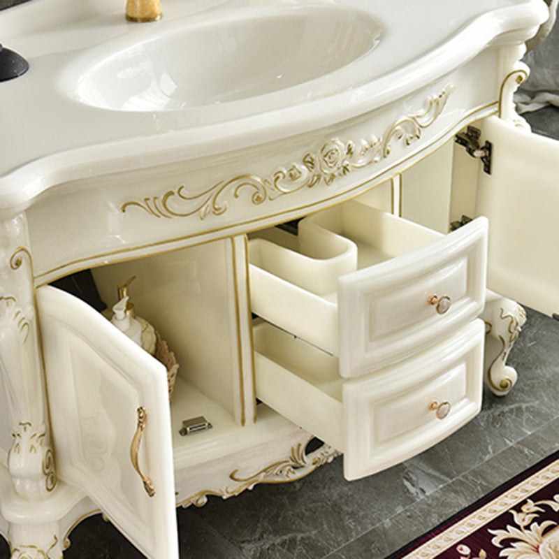 White Stone Bath Vanity 2 Drawers Rectangular Freestanding Single Sink Vanity with Mirror