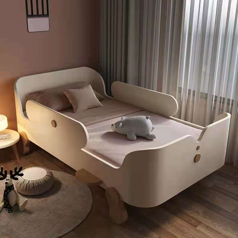 Glam Style Solid Wood Nursery Bed with Guardrail in White/Natural