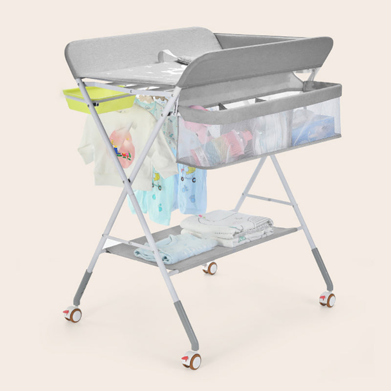 Grey Metal Changing Table with Basket, Portable Changing Table