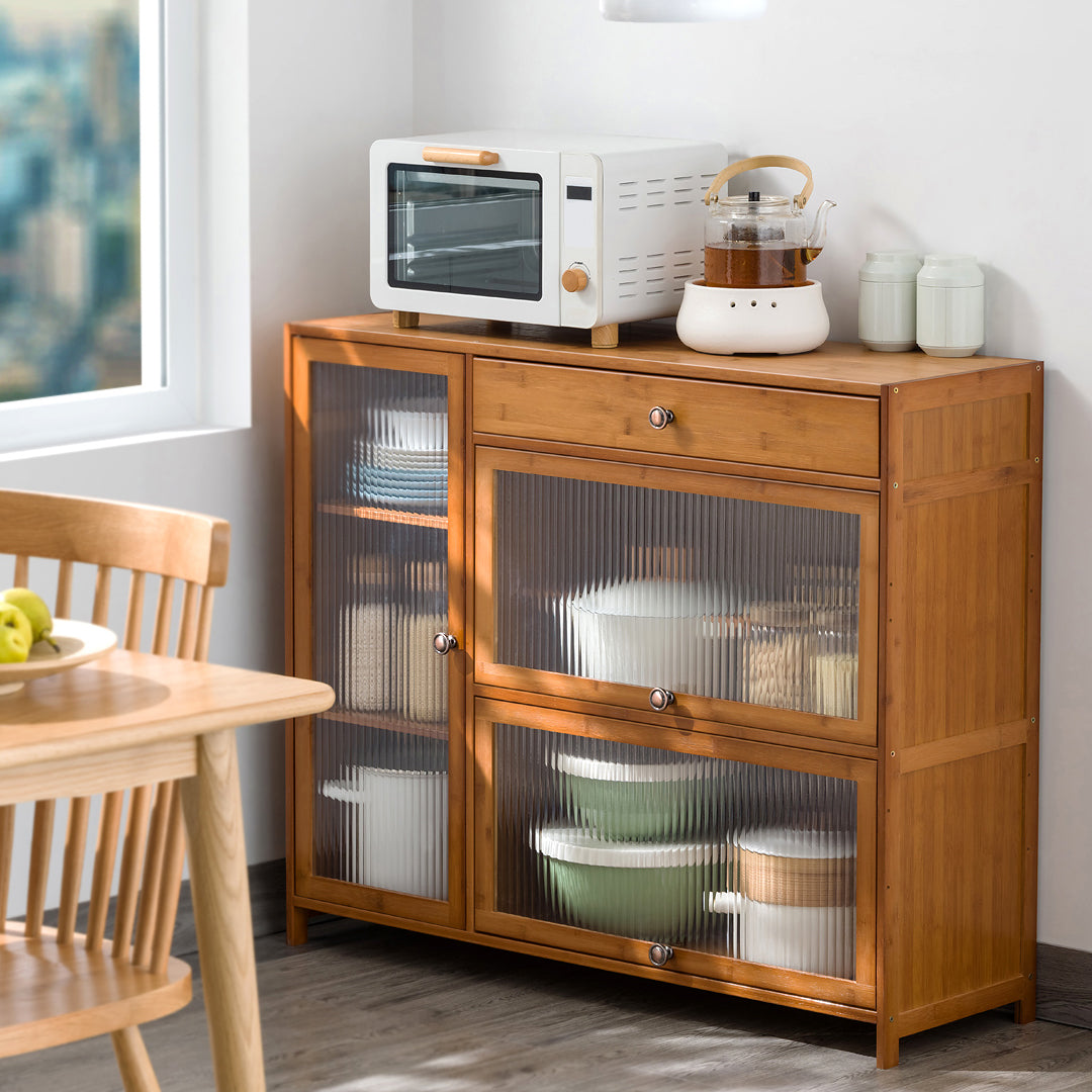 Brown Bamboo Buffet Server Contemporary Sideboard Cabinet with Drawer