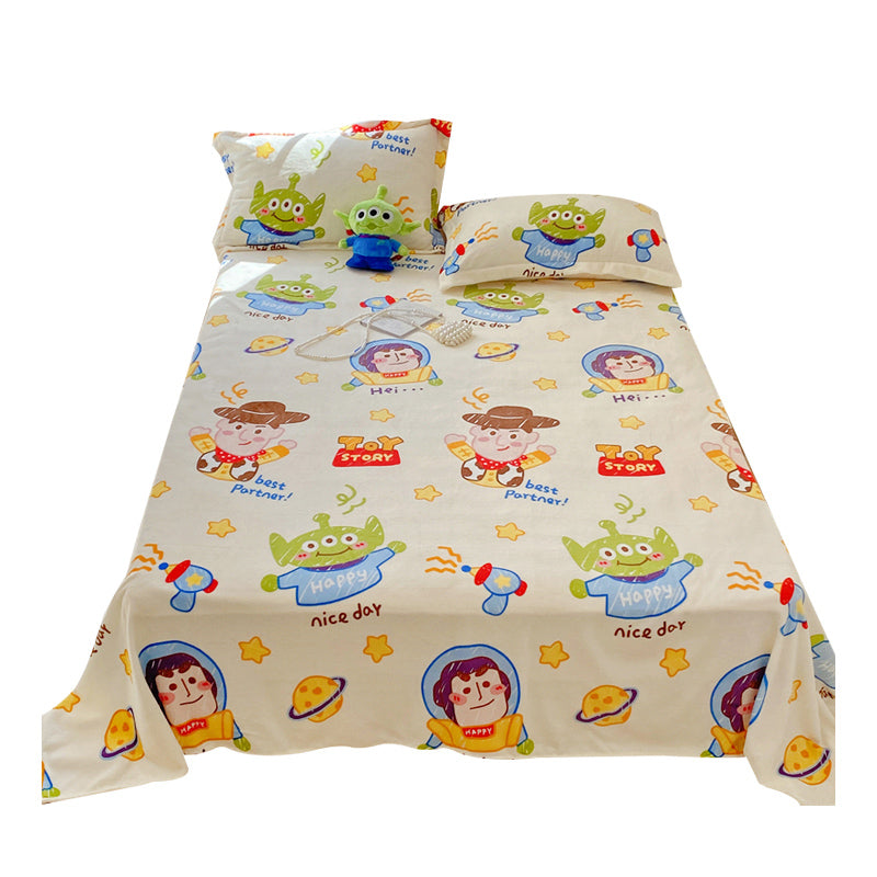 Cartoon Print Bed Sheet Set Flannel Super Soft Modern Pillowcase