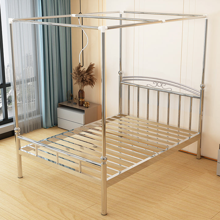 Scandinavian Metal Bed Silver Panel Bed with Open Frame Headboard