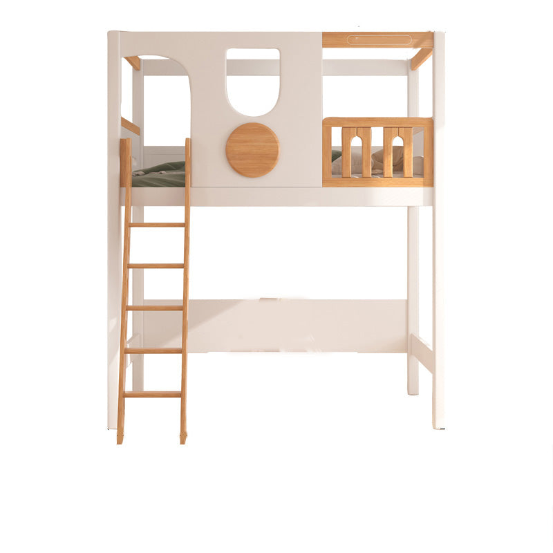 Contemporary White Solid Wood Loft Bed with Built-In Ladder/Stairway