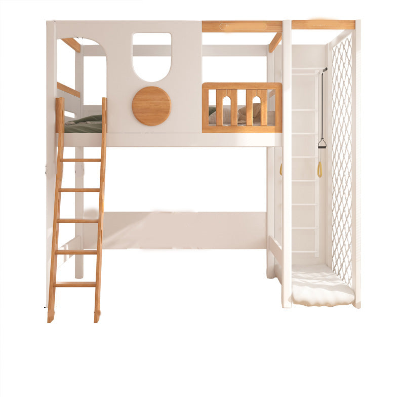 Contemporary White Solid Wood Loft Bed with Built-In Ladder/Stairway