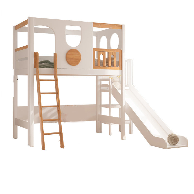 Contemporary White Solid Wood Loft Bed with Built-In Ladder/Stairway