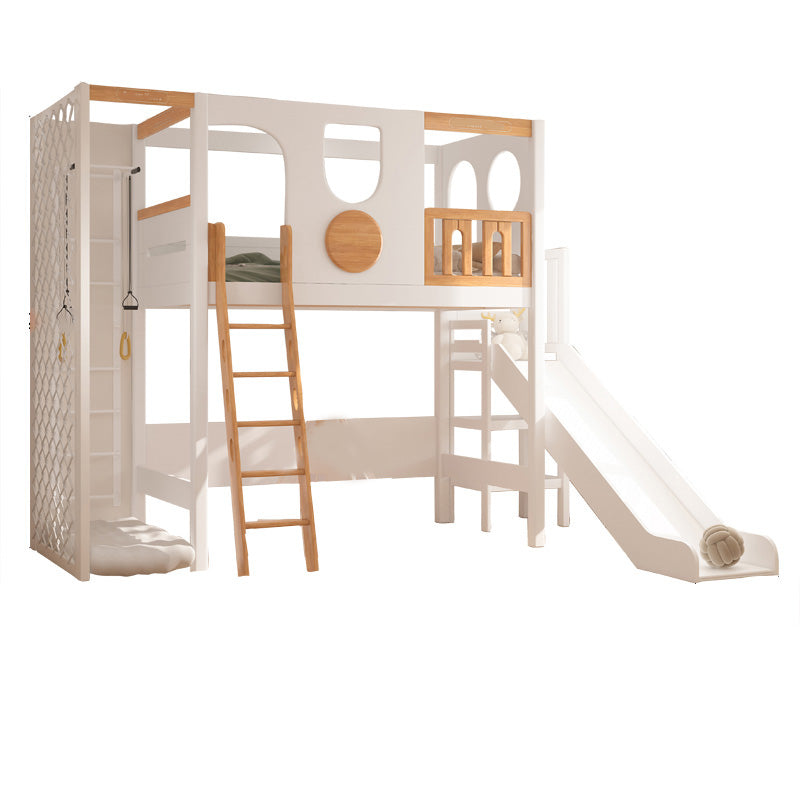 Contemporary White Solid Wood Loft Bed with Built-In Ladder/Stairway