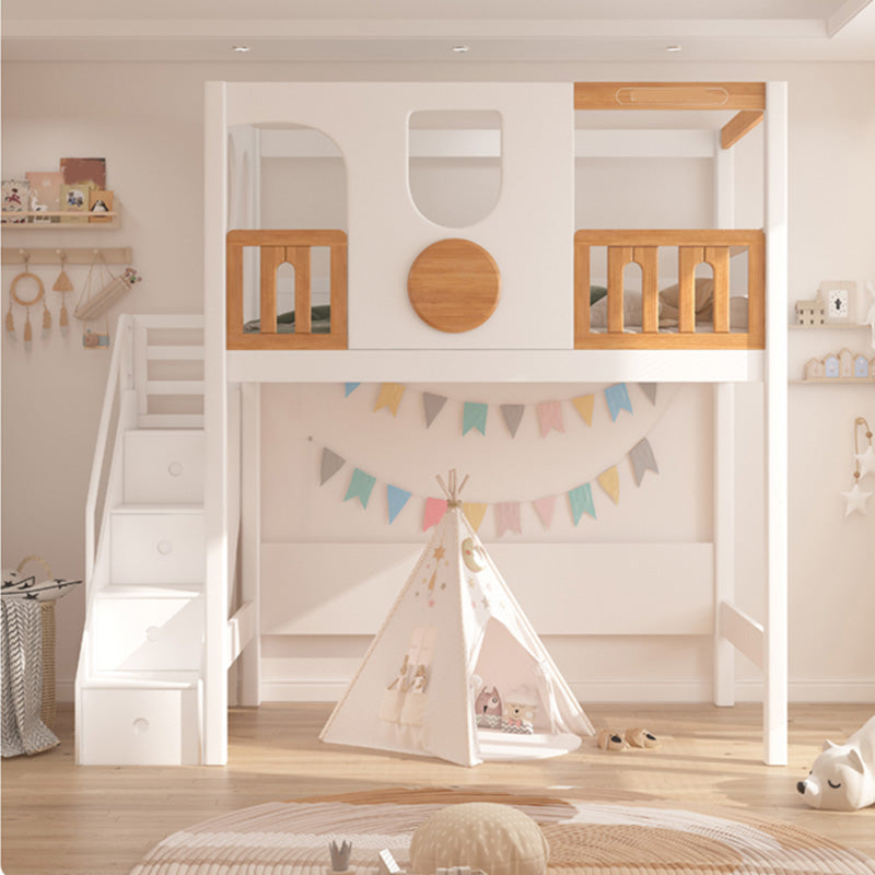 Contemporary White Solid Wood Loft Bed with Built-In Ladder/Stairway