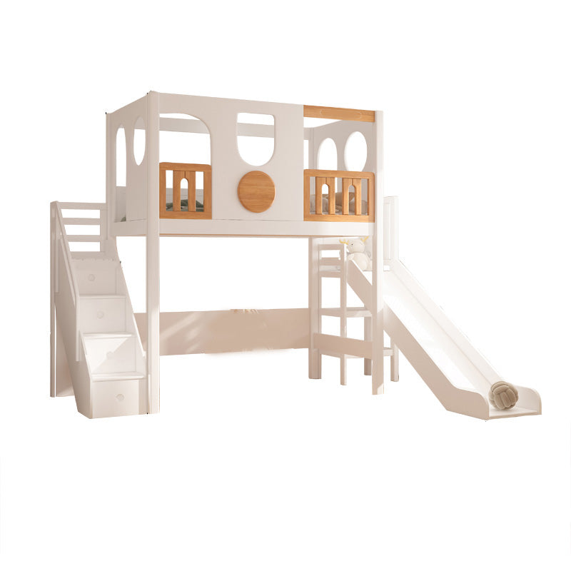 Contemporary White Solid Wood Loft Bed with Built-In Ladder/Stairway