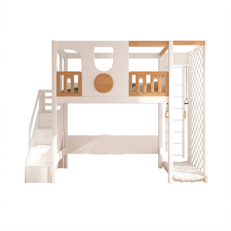 Contemporary White Solid Wood Loft Bed with Built-In Ladder/Stairway