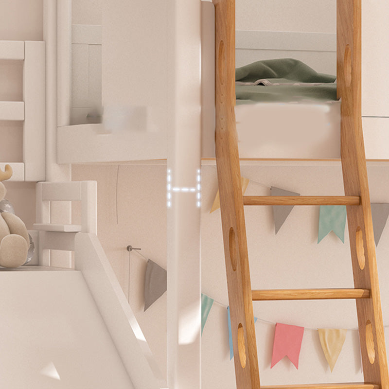 Contemporary White Solid Wood Loft Bed with Built-In Ladder/Stairway