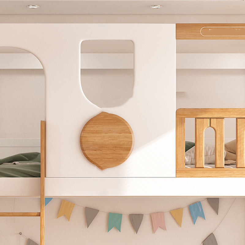 Contemporary White Solid Wood Loft Bed with Built-In Ladder/Stairway