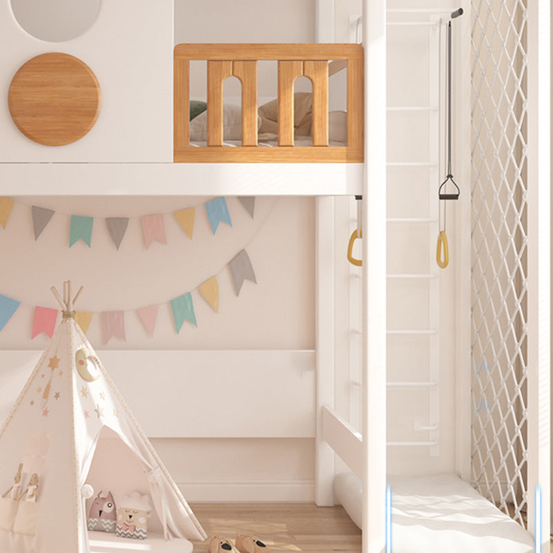 Contemporary White Solid Wood Loft Bed with Built-In Ladder/Stairway