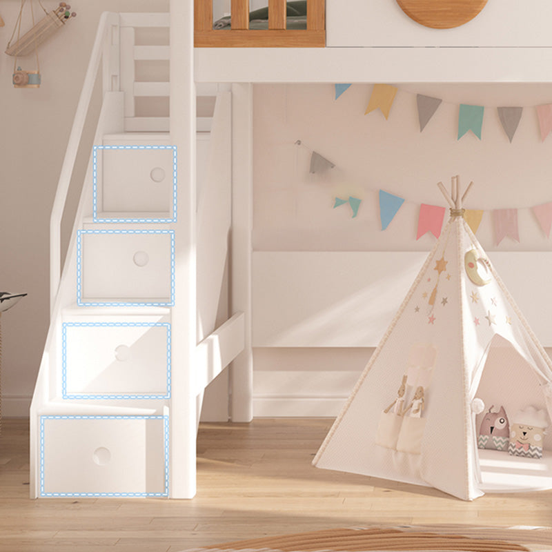 Contemporary White Solid Wood Loft Bed with Built-In Ladder/Stairway