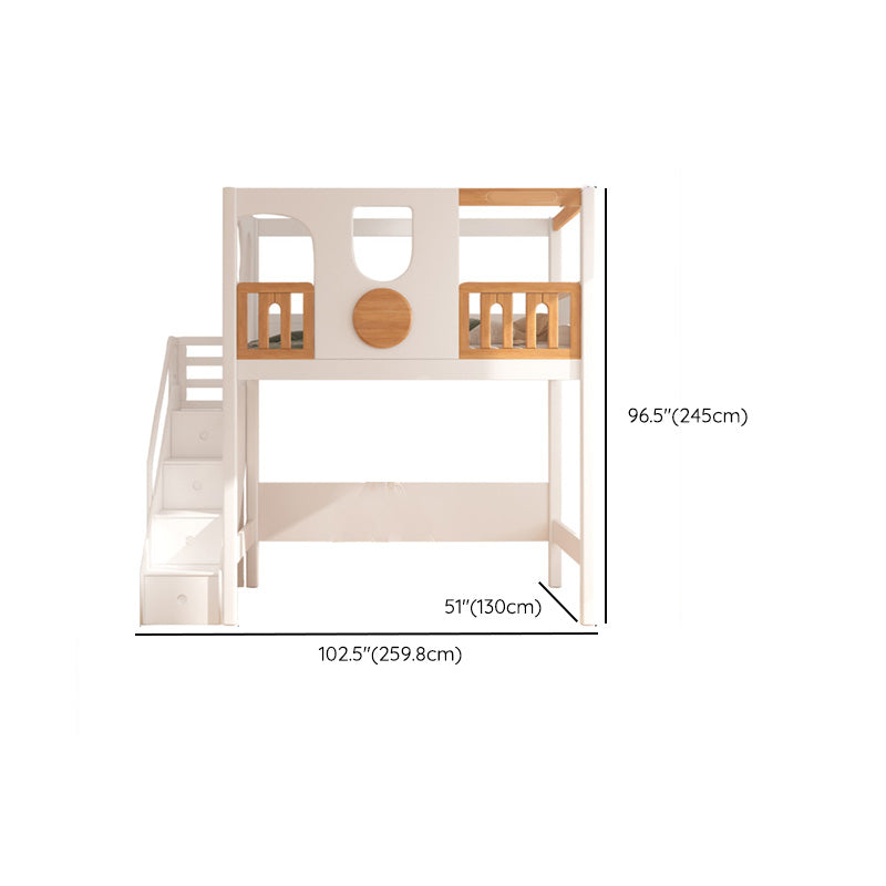 Contemporary White Solid Wood Loft Bed with Built-In Ladder/Stairway