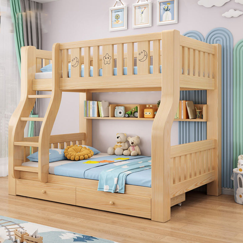 Contemporary Bunk Bed Solid Wood Natural Standard Storage Slat with Stairway