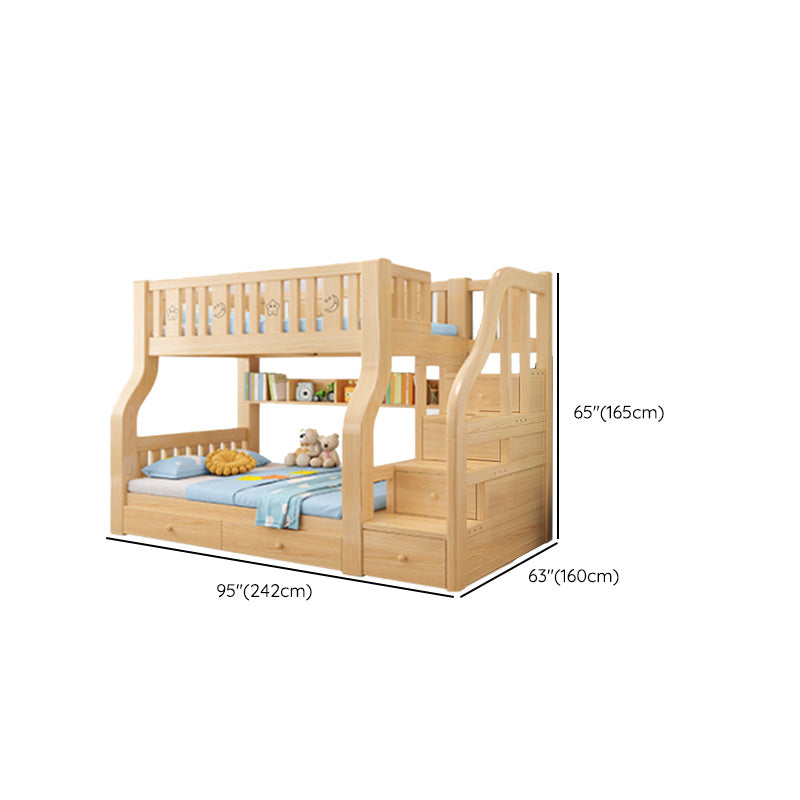 Contemporary Bunk Bed Solid Wood Natural Standard Storage Slat with Stairway