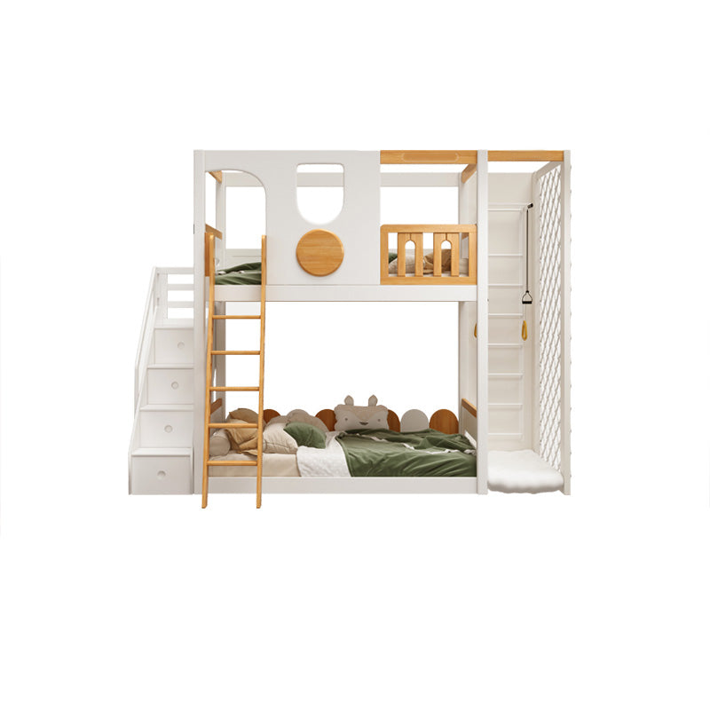 Contemporary White Bunk Bed in Solid Wood with Built-In Ladder