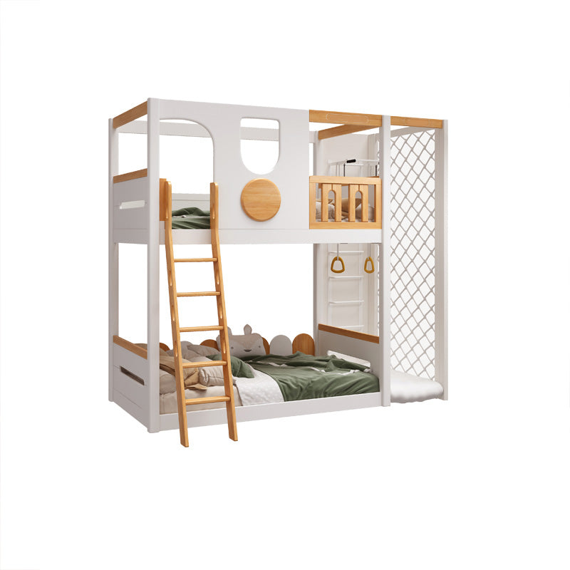 Contemporary White Bunk Bed in Solid Wood with Built-In Ladder