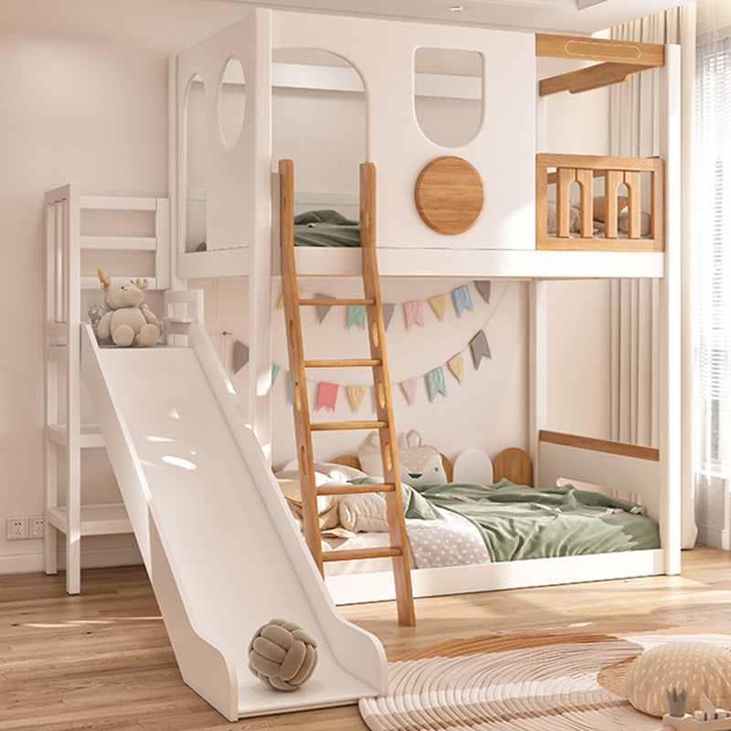 Contemporary White Bunk Bed in Solid Wood with Built-In Ladder