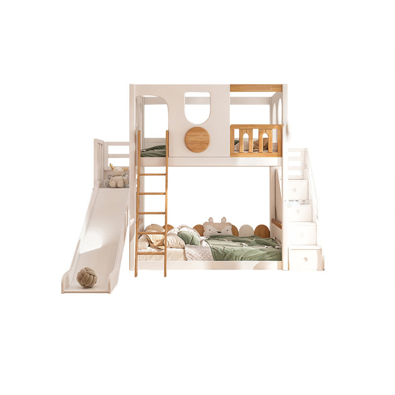 Contemporary White Bunk Bed in Solid Wood with Built-In Ladder