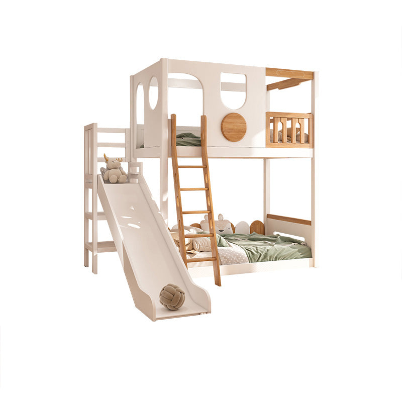 Contemporary White Bunk Bed in Solid Wood with Built-In Ladder