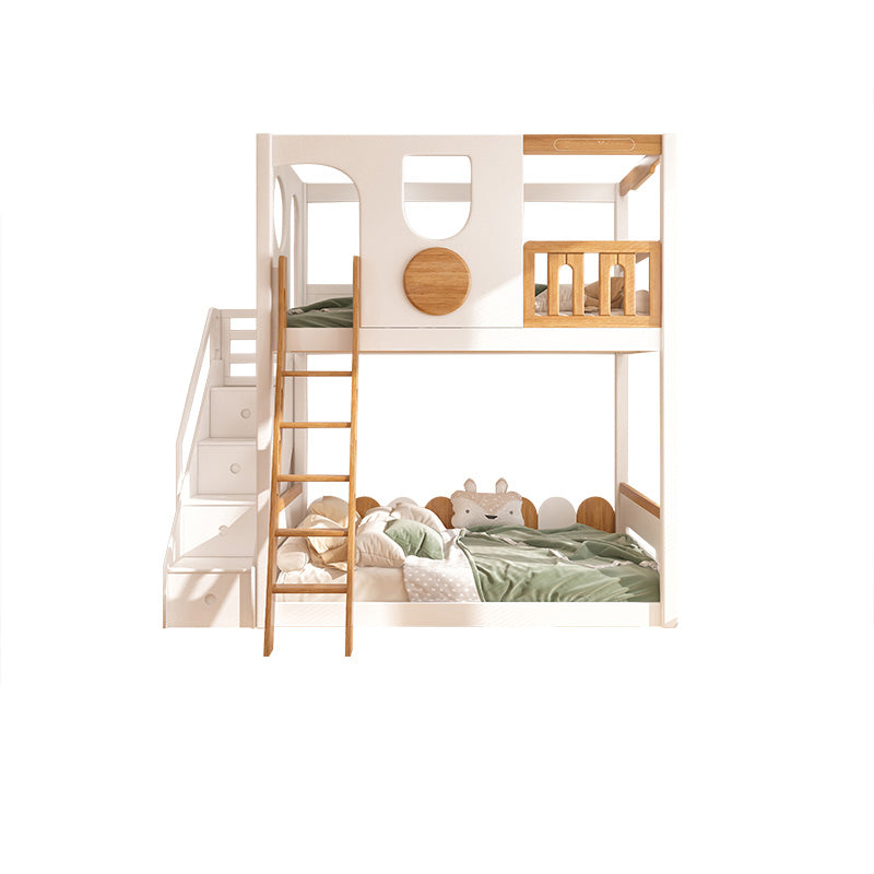 Contemporary White Bunk Bed in Solid Wood with Built-In Ladder