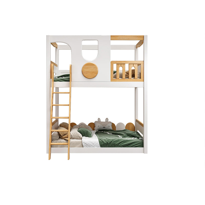 Contemporary White Bunk Bed in Solid Wood with Built-In Ladder