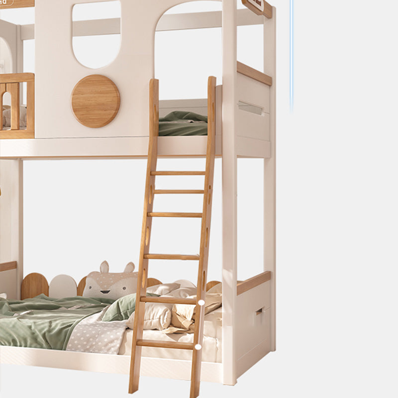 Contemporary White Bunk Bed in Solid Wood with Built-In Ladder