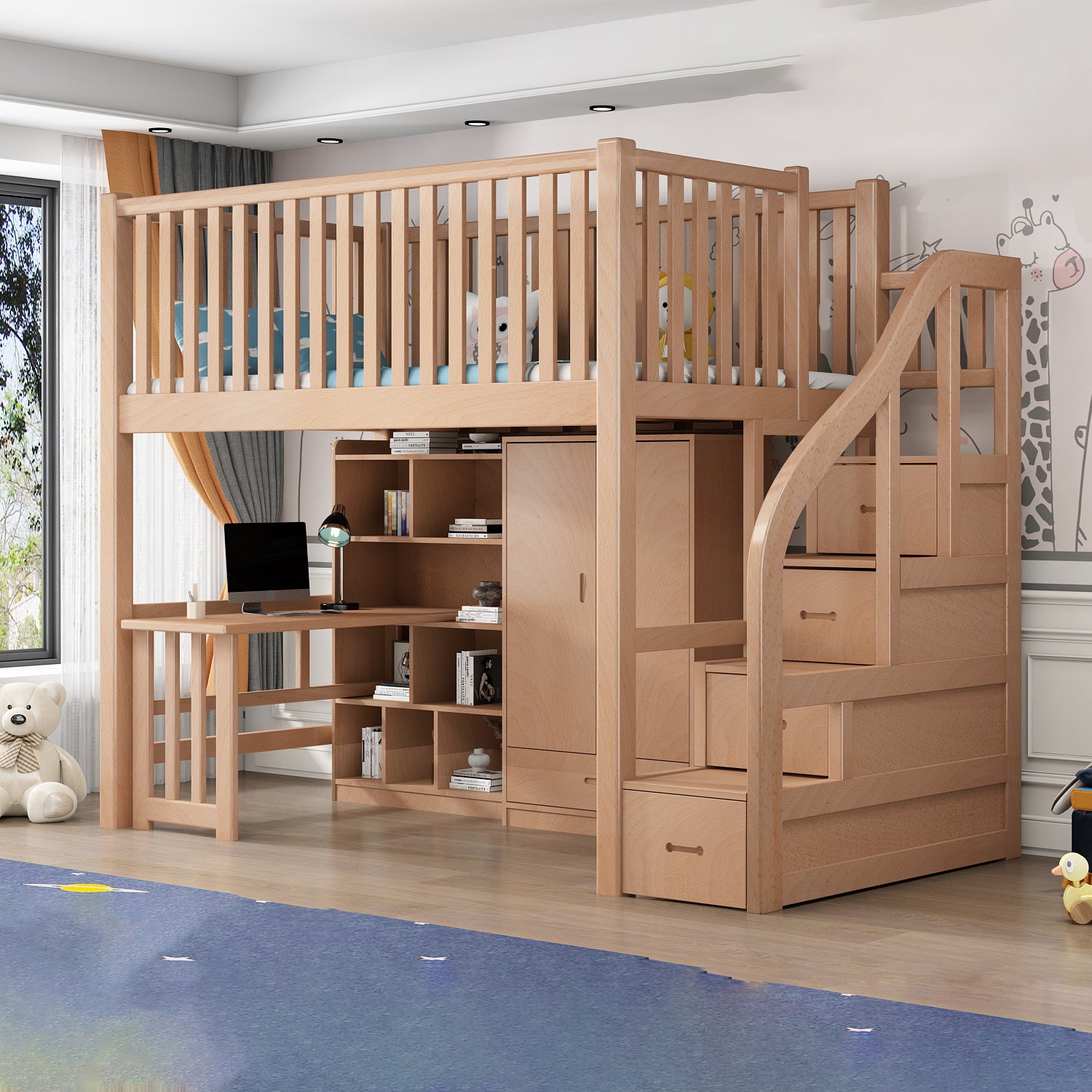 Contemporary Solid Wood Bunk Bed Natural Loft Bed with Guardrail