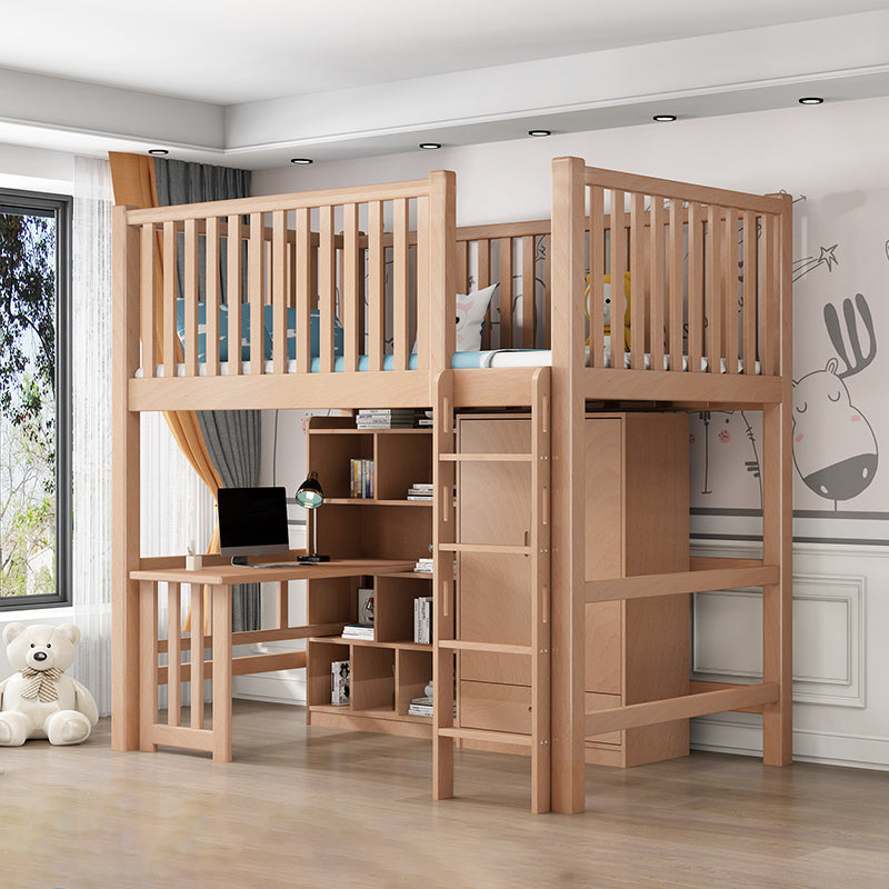 Contemporary Solid Wood Bunk Bed Natural Loft Bed with Guardrail