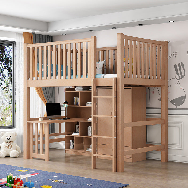 Contemporary Solid Wood Bunk Bed Natural Loft Bed with Guardrail