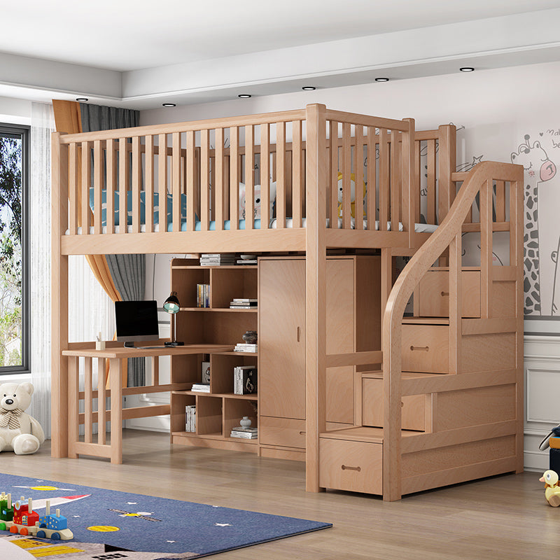 Contemporary Solid Wood Bunk Bed Natural Loft Bed with Guardrail