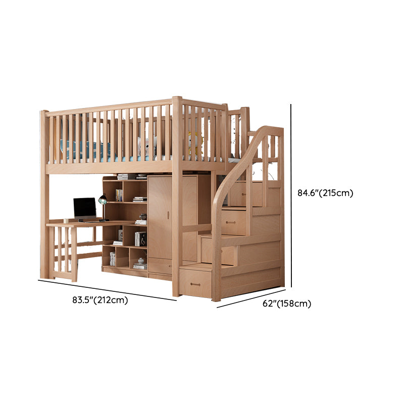 Contemporary Solid Wood Bunk Bed Natural Loft Bed with Guardrail