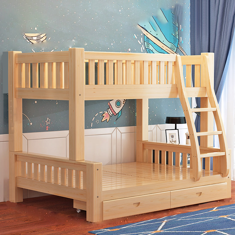 Modern Solid Wood Bunk Bed Natural Kid Bed with Stairway and Guardrail