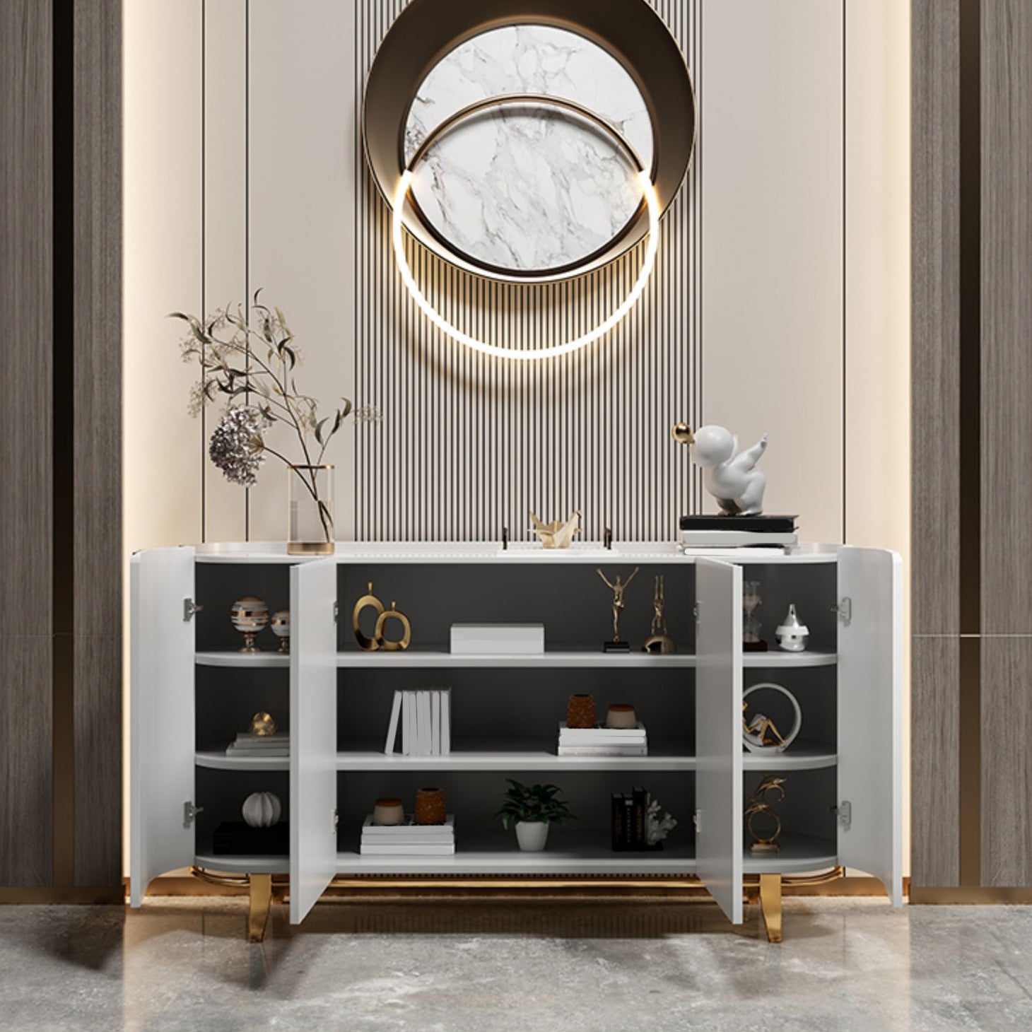 Glam Sideboard Buffet Stone Top Wood Sideboard Cabinet with Shelves