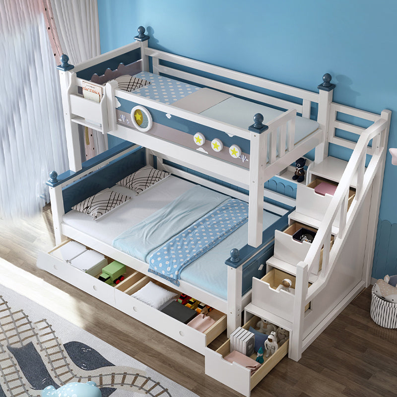 Contemporary Solid Wood Blue Dollhouse Storage with Guardrail Kids Bed