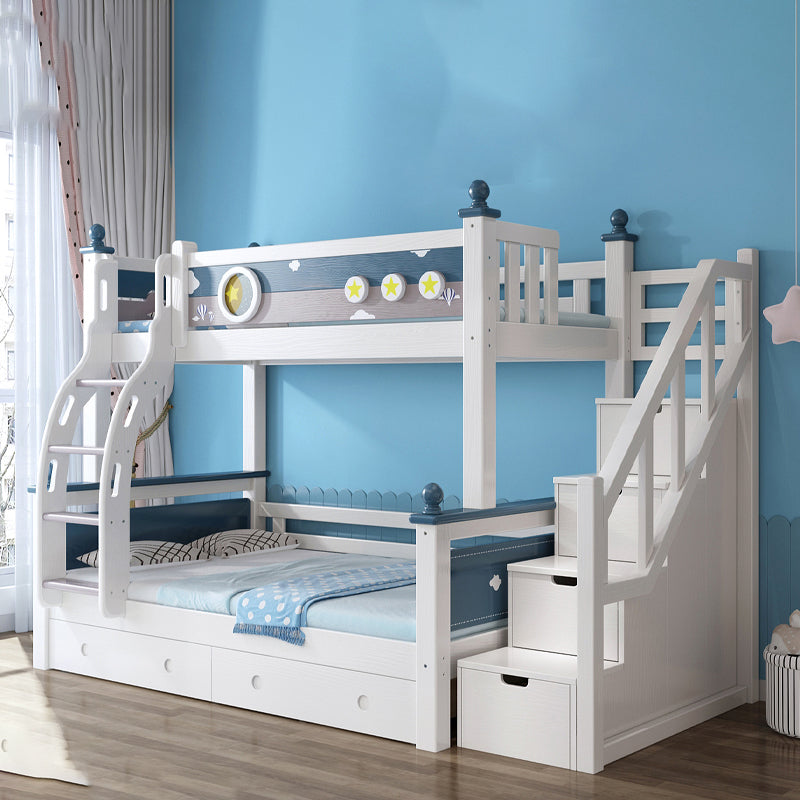 Contemporary Solid Wood Blue Dollhouse Storage with Guardrail Kids Bed